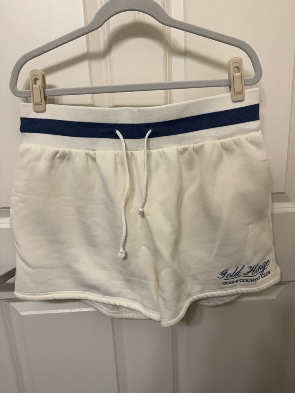 Gold Hinge Cream Drawstring Sweat Shorts with Blue Waistband